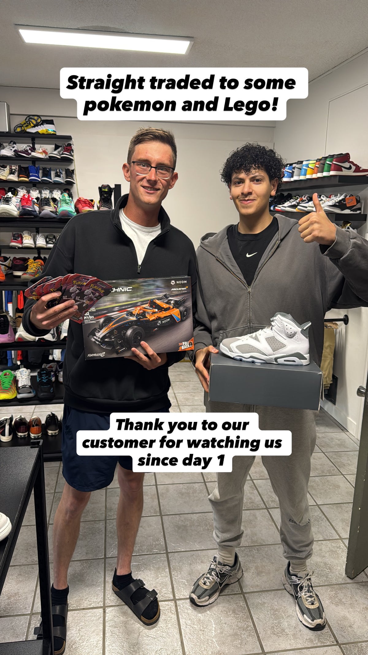 Customer trading sneakers for Pokémon and LEGO at On The Low